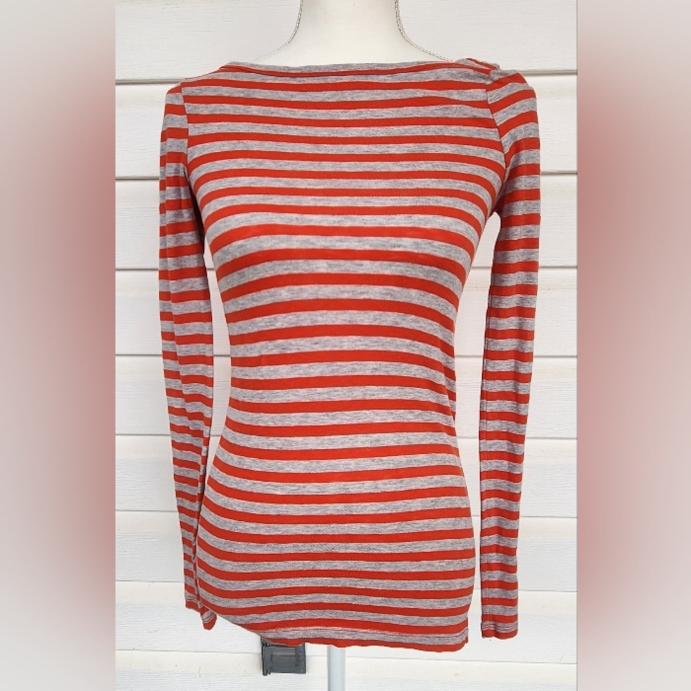 J. Crew Cotton Long Sleeve Striped Orange and Gray Classic Top! Painter T Line!!